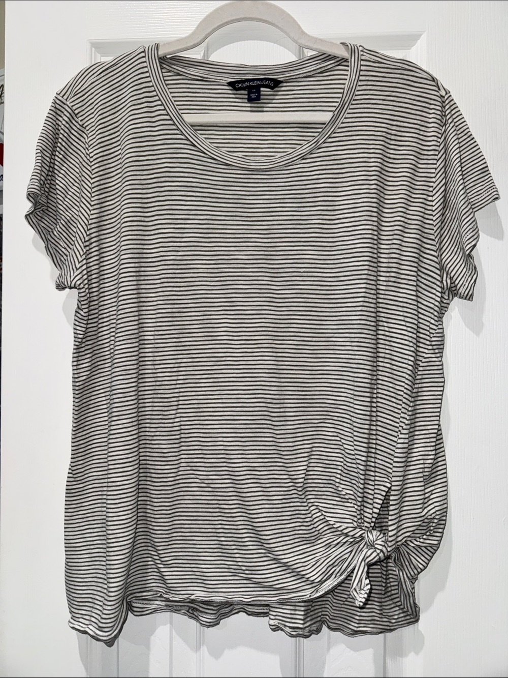 Calvin Klein Black & White Striped Side-Knot Short Sleeve Tee